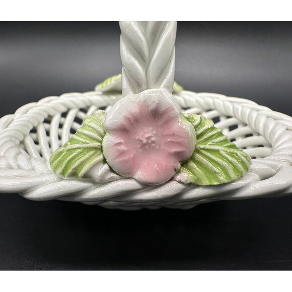 Vintage Basket Trinket Dish Cabo Spain SL Reticulated White Pink Flowers Repair - Picture 6 of 10